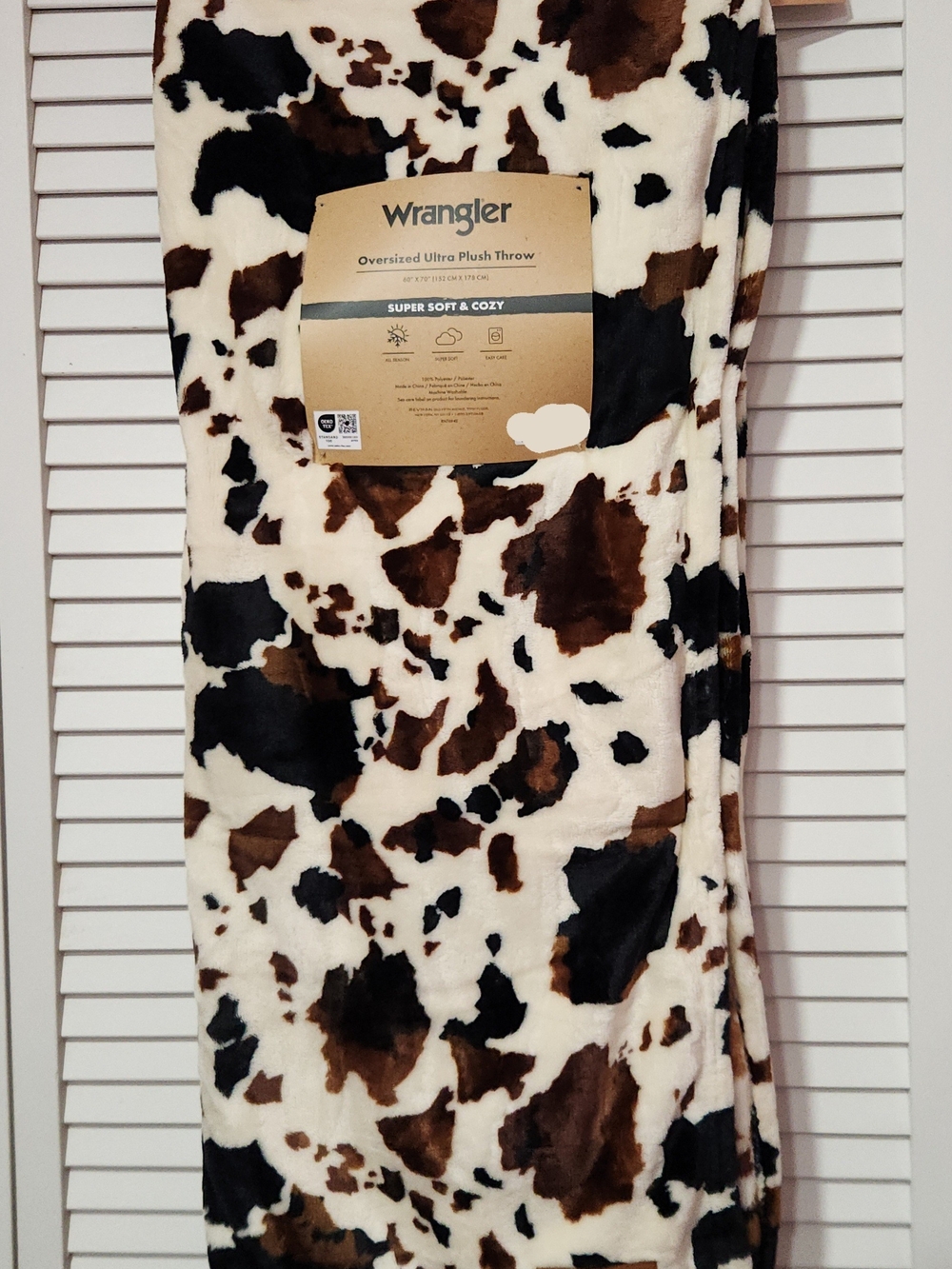 Wrangler Cow Print Plush Throw Blanket in Brown, Black & Cream
